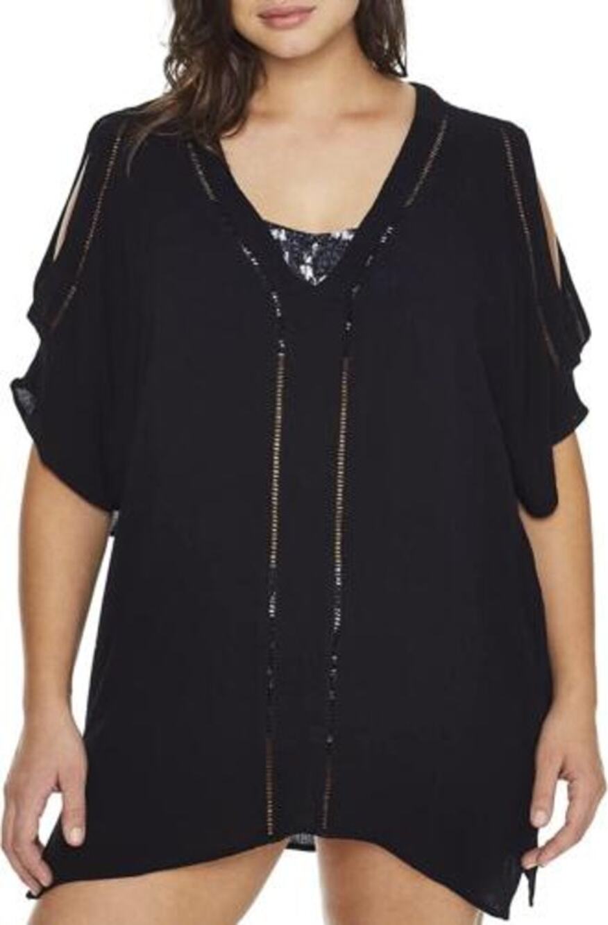 Raisins Curve Samba Solids Black Cold-Shoulder Caftan Swim Cover-up Size 1X New